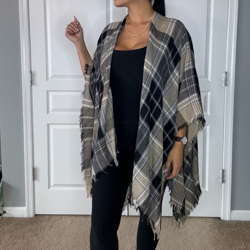 Black & Taupe Plaid Shawl